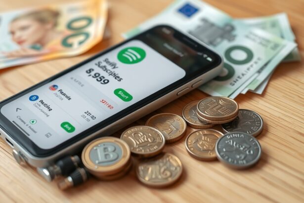 Spotify előfizetési díjak a mobiltelefonon, bankjegyek és érmék mellett.