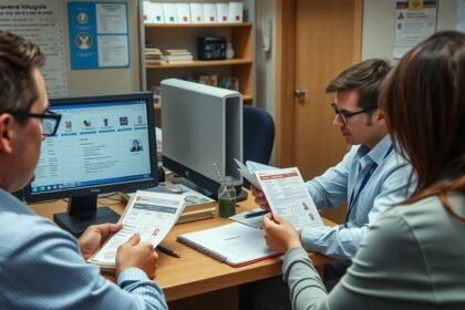 Két ember személyi igazolvány megújításával kapcsolatos dokumentumokat néz.