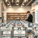 Különböző dioptriás szemüvegek egy optikában, árakkal