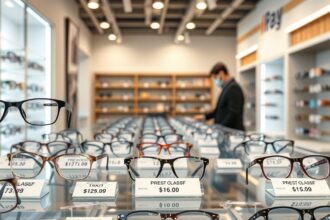 Különböző dioptriás szemüvegek egy optikában, árakkal