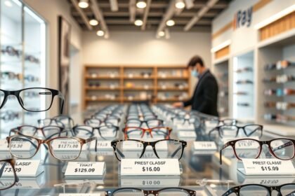 Különböző dioptriás szemüvegek egy optikában, árakkal