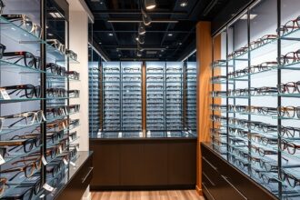 Szemüvegkeretek széles választéka egy optikai boltban.