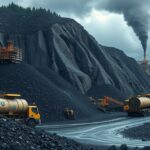 Szén bányászat látképe, teherautók és gépek működnek
