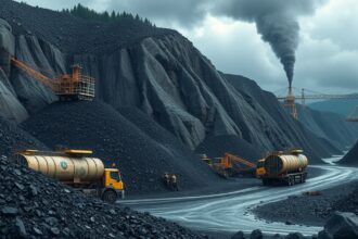 Szén bányászat látképe, teherautók és gépek működnek