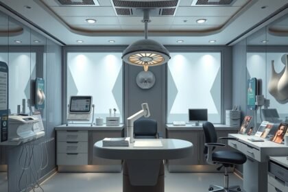 Modern plasztikai sebészet rendelő belső tér szilikonmell implantátumokkal.