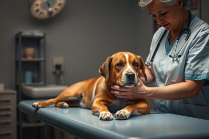 Kutya állatorvosi vizsgálaton, az altatás folyamatának előkészítése.