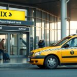 Sárga taxi a repülőtér előtt, utazás során
