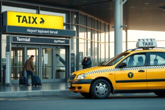 Sárga taxi a repülőtér előtt, utazás során