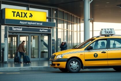 Sárga taxi a repülőtér előtt, utazás során