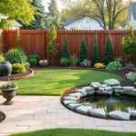 Gyönyörűen kialakított kert tereprendezéssel és tűlevelű növényekkel.