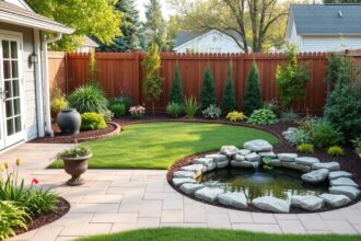 Gyönyörűen kialakított kert tereprendezéssel és tűlevelű növényekkel.