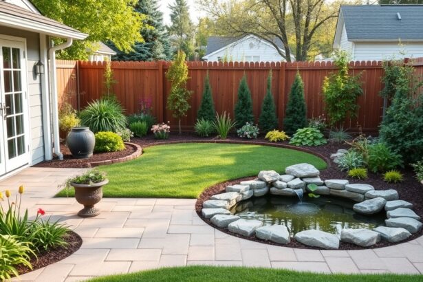 Gyönyörűen kialakított kert tereprendezéssel és tűlevelű növényekkel.