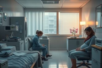 Két nő az orvosi rendelőben, terhesség megszakítás témájában.