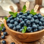 Friss áfonya egy fából készült tálban, gyógynövényekkel díszítve