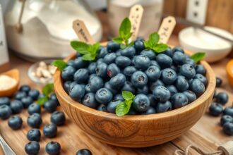 Friss áfonya egy fából készült tálban, gyógynövényekkel díszítve