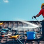 Tetőmosás karbantartás közben, professzionális eszközökkel.