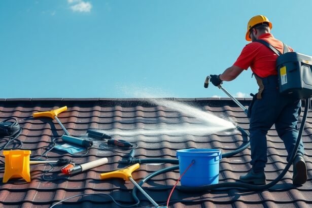 Tetőmosás karbantartás közben, professzionális eszközökkel.