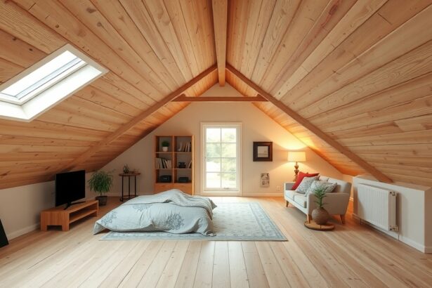 Modern tetőtéri szoba világos fa mennyezettel és szőnyeggel.