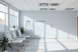 Modern orvosi rendelő a tüdőszűrés költségeivel kapcsolatos információkkal.