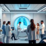 Orvosi csapat tüdőszűrés közben modern egészségügyi központban.