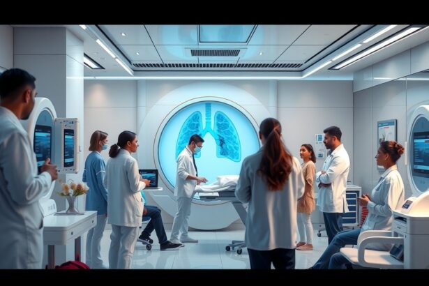 Orvosi csapat tüdőszűrés közben modern egészségügyi központban.