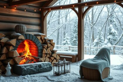 Kényelmes tűzrakóhely fából, hátterében havas erdő.