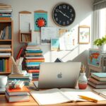 Egy otthoni tanulási környezet könyvekkel és számítógéppel.