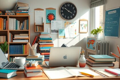 Egy otthoni tanulási környezet könyvekkel és számítógéppel.