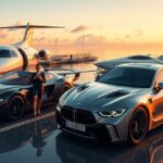 Luxus életstílus: magánrepülő, sportkocsik és jacht a naplementében