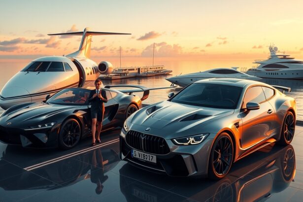 Luxus életstílus: magánrepülő, sportkocsik és jacht a naplementében