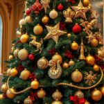 Fényűző karácsonyfa arany és piros díszekkel díszítve