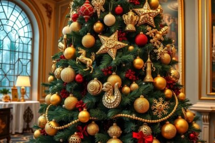 Fényűző karácsonyfa arany és piros díszekkel díszítve