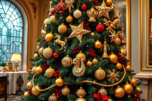 Fényűző karácsonyfa arany és piros díszekkel díszítve