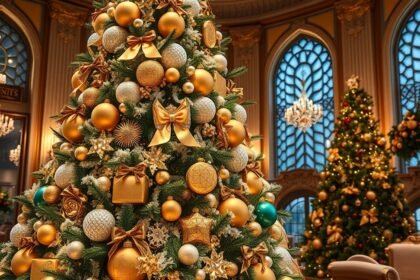 A világ legdrágább karácsonyfájának díszítése arany és ezüst gömbökkel.