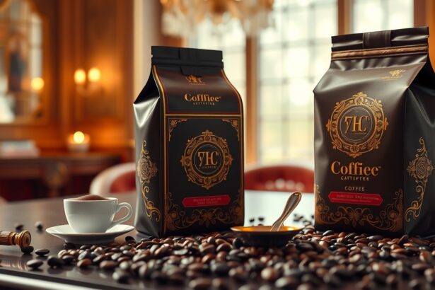 Prémium kávé csésze és pörkölt kávébabok egy elegáns környezetben.