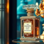 Luxus parfüm díszes üvegben, háttérben elegáns világítás.