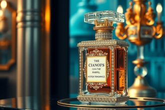 Luxus parfüm díszes üvegben, háttérben elegáns világítás.