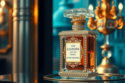 Luxus parfüm díszes üvegben, háttérben elegáns világítás.