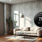 Modern villanyfűtés termosztát egy elegáns nappaliban.