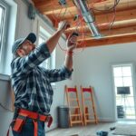 Villanyszerelő dolgozik új építésű házban a villanyszerelés során.