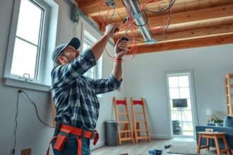 Villanyszerelő dolgozik új építésű házban a villanyszerelés során.