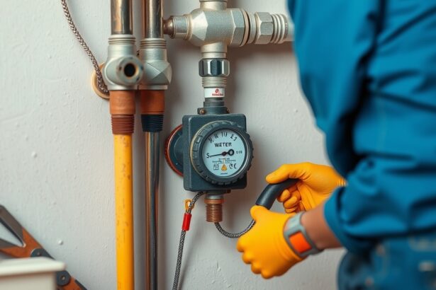 Vízóra bekötése munkafolyamat közben, szerszámokkal.