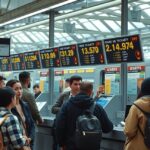 Utazók a vonatjegy pultnál, különböző árakkal és kedvezményekkel