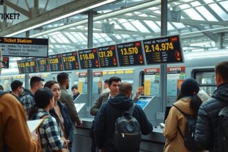 Utazók a vonatjegy pultnál, különböző árakkal és kedvezményekkel