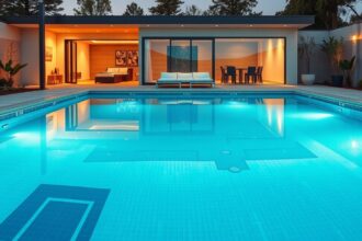 Modern családi medence esti fényekkel egy elegáns ház előtt.