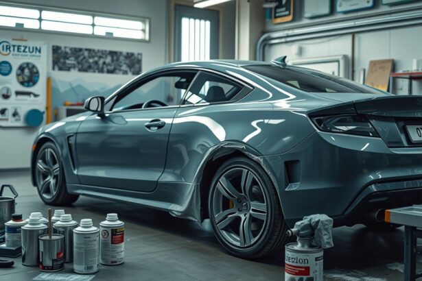 Egy autó átfestése műhelyben különböző festékek mellett.