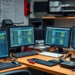 Adatmentés munkaterülete több monitorral és számítógépes eszközökkel