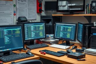 Adatmentés munkaterülete több monitorral és számítógépes eszközökkel