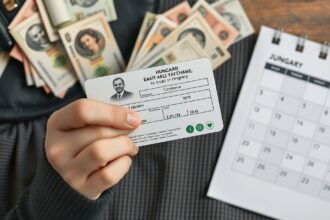 Adókártya kézben készpénz mellett, januári naptárral