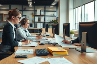 Két hölgy dolgozik az áfa bevallásokkal egy modern irodában.